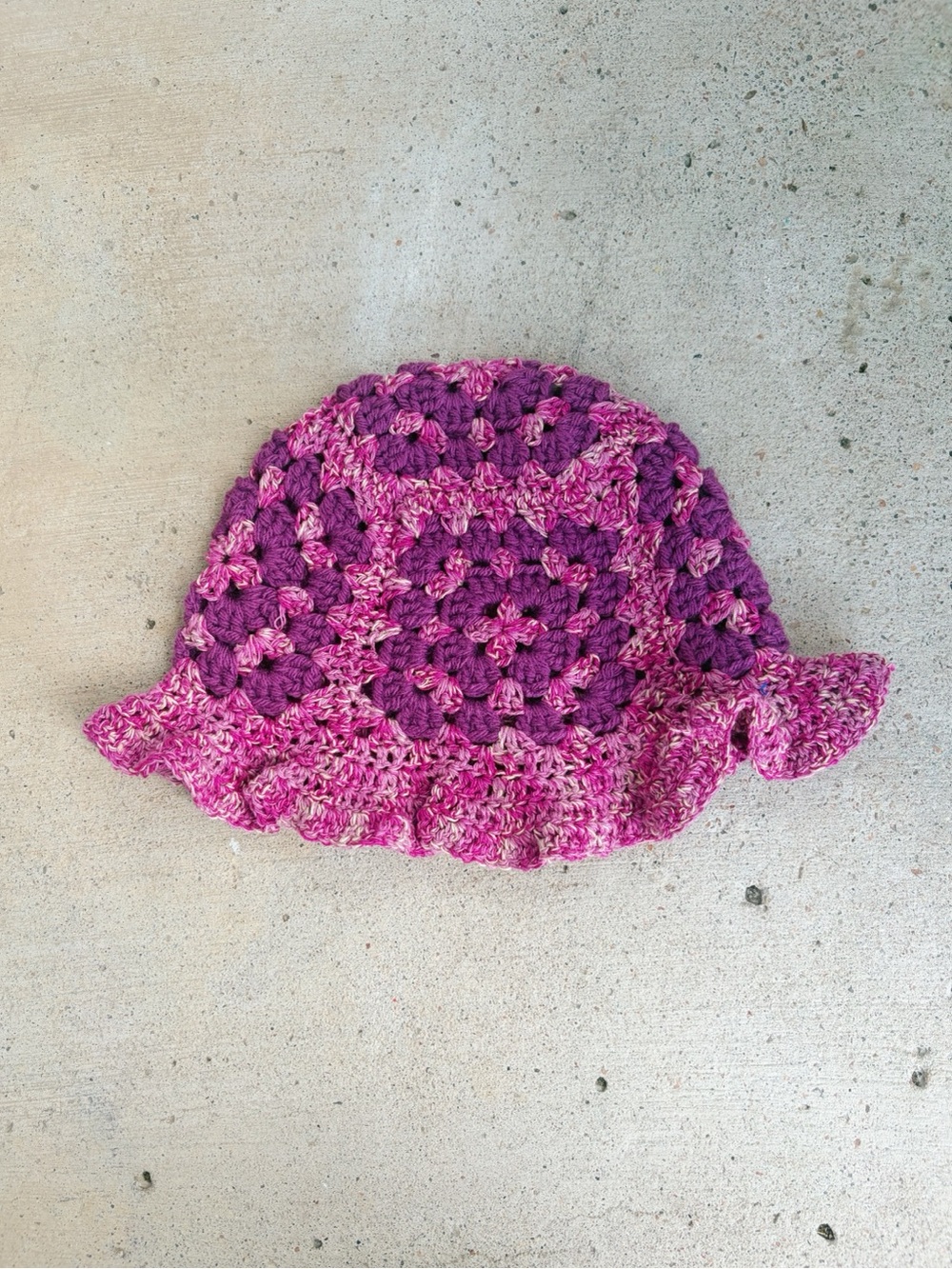 Handmade Crocheted Granny Square Bucket Hat in Pink and Purple with Ruffle